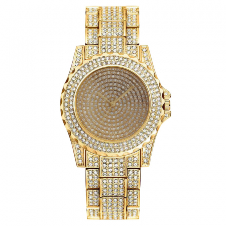 Ceasuri barbatesti - Ceas analog rotund Iced out, mecanism quartz, insertii zirconiu, placat cu aur 18K, auriu