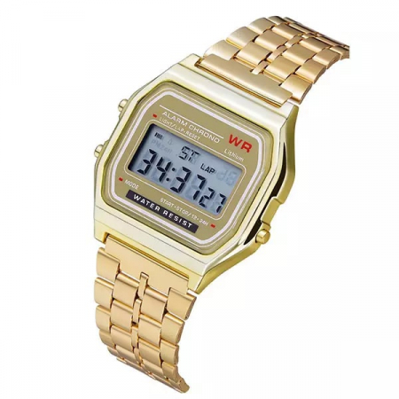 Ceas de mana digital cronograf, model vintage retro, bratara metalica, unisex, mecanism quartz, alarma, cronometru, auriu [1]