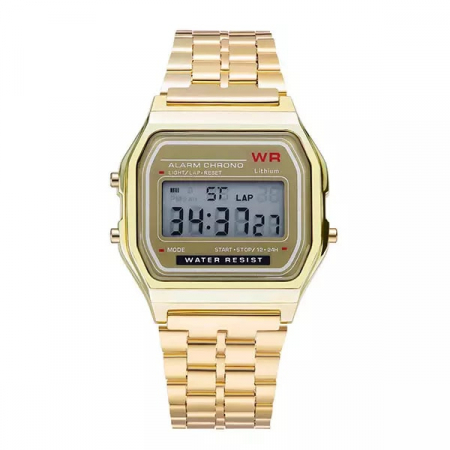 Ceasuri barbatesti - Ceas de mana digital cronograf, model vintage retro, bratara metalica, unisex, mecanism quartz, alarma, cronometru, auriu