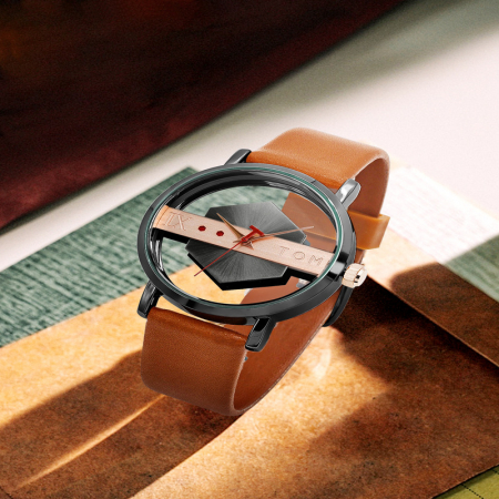 Ceas de mana transparent cu sticla dubla, analog, mecanism quartz, curea din piele naturala, unisex, maro [2]