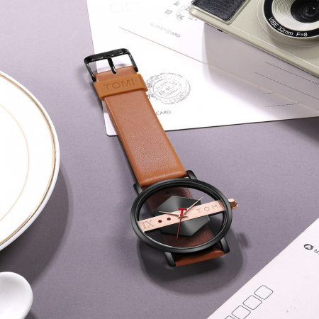 Ceas de mana transparent cu sticla dubla, analog, mecanism quartz, curea din piele naturala, unisex, maro [1]