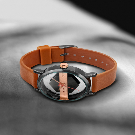 Ceasuri barbatesti - Ceas de mana transparent cu sticla dubla, analog, mecanism quartz, curea din piele naturala, unisex, maro