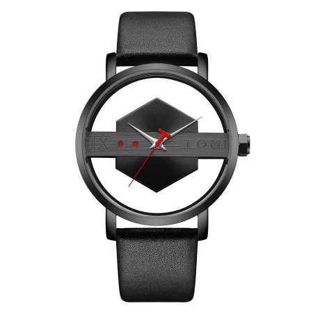 Ceasuri barbatesti - Ceas de mana transparent cu sticla dubla, analog, mecanism quartz, curea din piele naturala, unisex, negru