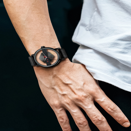Ceas de mana transparent cu sticla dubla, analog, mecanism quartz, curea din piele naturala, unisex, negru [3]