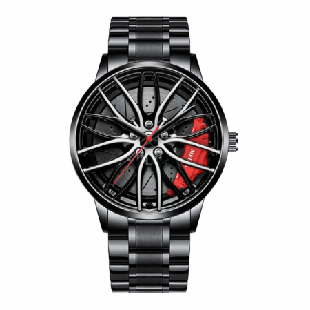 Ceasuri barbatesti - Ceas de mana Wheel, model in forma de janta cu etrier auto, mecanism quartz, otel inoxidabil, Tessero, negru