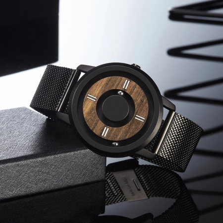 Ceasuri barbatesti - Ceas Eutour E020 magnetic cu bilute, mecanism quartz elvetian, cadran din lemn, otel inoxidabil, negru