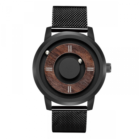 Ceas Eutour E020 magnetic cu bilute, mecanism quartz elvetian, cadran din lemn, otel inoxidabil, negru [1]