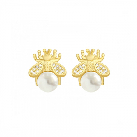 Bijuterii dama - Cercei de dama in forma de albinuta cu perla alba, placat cu aur 18K si pietre zirconiu, auriu