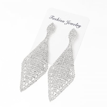 Bijuterii dama - Cercei de dama lungi cu model romb cu picatura geometric de ocazie, decorate cu strasuri din pietre zirconiu, placat cu aur 18K, Tessero, argintiu