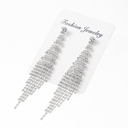 Bijuterii dama - Cercei de dama lungi cu model romb geometric de ocazie, decorate cu strasuri din pietre zirconiu, placat cu aur 18K, Tessero, argintiu