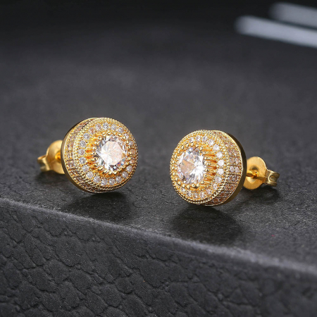 Bijuterii dama - Cercei de dama luxury, model rotund, decorati cu pietre zirconiu, placat cu aur 18K, otel inoxidabil, Tessero, auriu