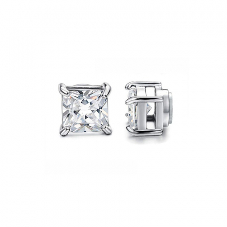 Bijuterii dama - Cercei falsi pentru ureche, model tip Stud patrat, pietre zirconiu, placat cu aur 18K, prindere cu magnet, unisex, Tessero, argintiu