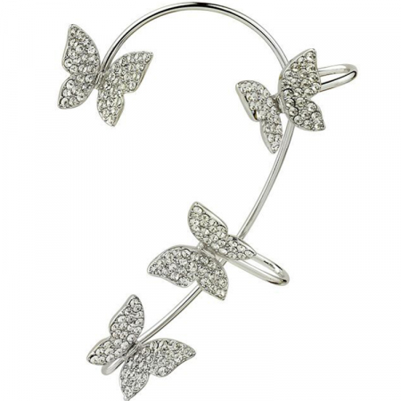 Bijuterii dama - Cercel pentru toata urechea, tip ear cuff, fluturi placati cu zirconiu, pentru partea stanga, argintiu