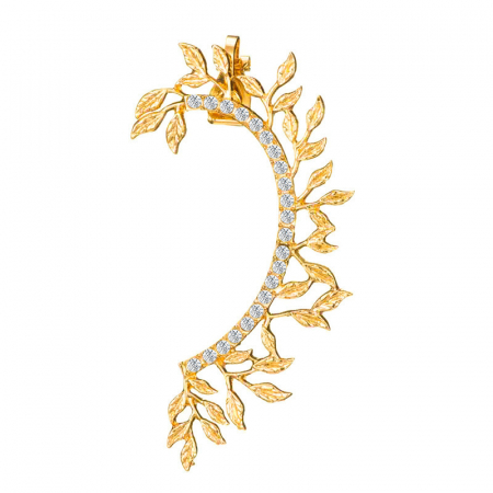 Bijuterii dama - Cercel pentru toata urechea, tip ear cuff, model cu frunze, pietre zirconiu, pentru partea stanga, placat cu aur 18K, auriu