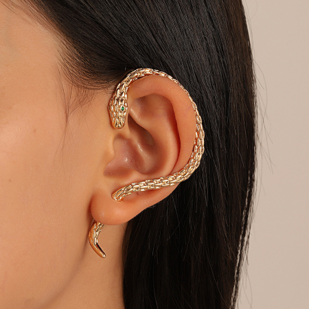 Cercel pentru toata urechea, tip ear cuff, model in forma de sarpe, pentru partea stanga, placat cu aur 18K, Tessero, auriu [2]