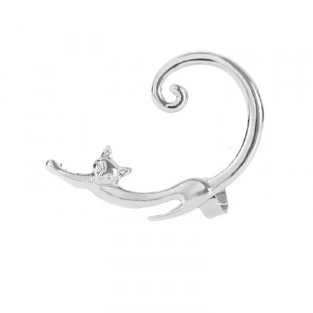 Bijuterii dama - Cercel pentru urechea stanga model tip Earcuff in forma de pisicuta, placat cu argint, Tessero, argintiu
