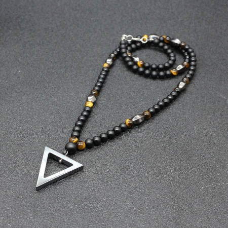Colier barbatesc din pietre semipretioase naturale hematit si tiger eye, cu pandantiv in forma de triunghi, Tessero, 60 cm, onix, negru [2]