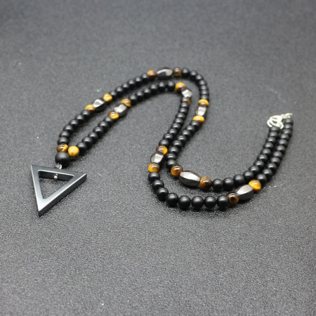 Colier barbatesc din pietre semipretioase naturale hematit si tiger eye, cu pandantiv in forma de triunghi, Tessero, 60 cm, onix, negru [1]