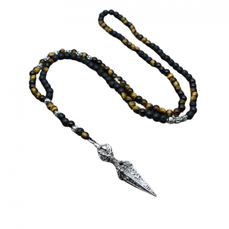 Bijuterii barbati - Colier barbatesc din pietre semipretioase naturale hematit si tiger eye, cu pandantiv in forma de varf de sageata, Tessero, 60 cm, onix, negru