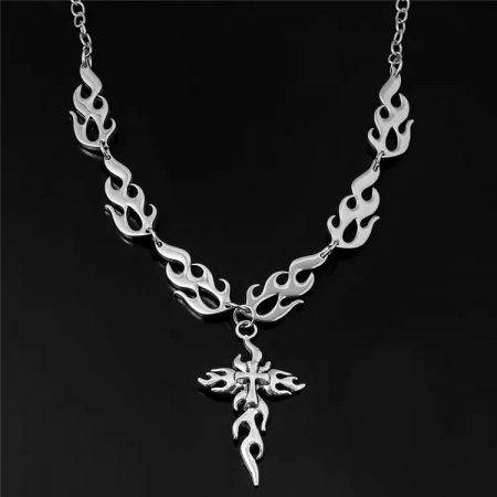 Colier baza gatului in forma de flacara si pandantiv cruce, placat cu argint, unisex, 40 cm, Tessero, argintiu [3]