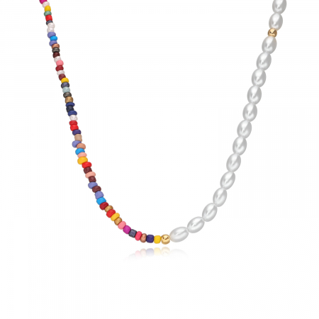 Bijuterii dama - Colier baza gatului margele colorate si perle, 45 cm, inchizatoare aurie
