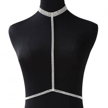 Bijuterii dama - Colier baza gatului sexy cu prelungire pentru corp, pietre zirconiu, placat cu argint, marime reglabila, Tessero, argintiu