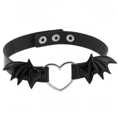 Bijuterii dama - Colier Choker baza gatului de dama, model Punk in forma de inima cu aripi, piele ecologica, marime reglabila, inchidere clips, Tessero, negru