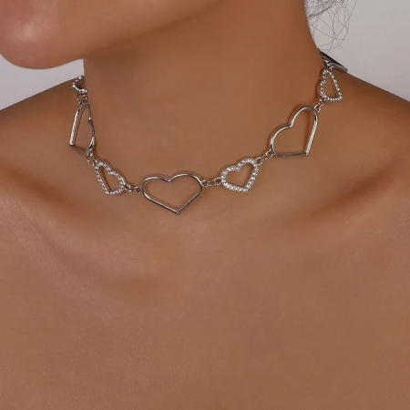 Colier Choker baza gatului de dama, modele in forma de inimioare, placat cu argint, pietre zirconiu, Tessero, argintiu [2]