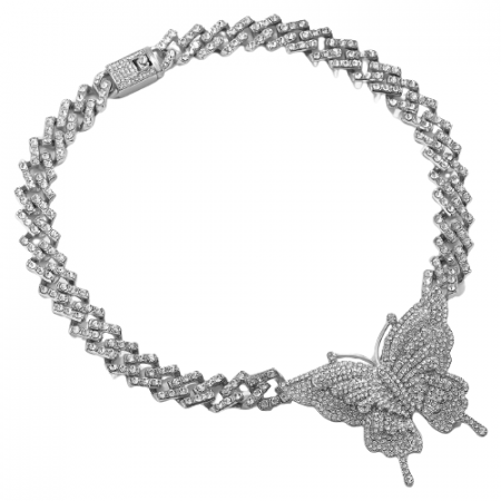 Bijuterii dama - Colier Cuban Chain Choker de dama cu pandantiv fluture, pietre din zirconiu, placat cu aur 18K, argintiu