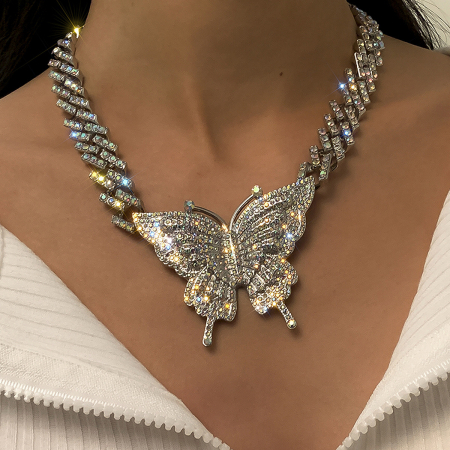 Colier Cuban Chain Choker de dama cu pandantiv fluture, pietre din zirconiu, placat cu aur 18K, argintiu [2]