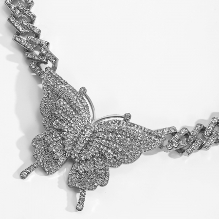 Colier Cuban Chain Choker de dama cu pandantiv fluture, pietre din zirconiu, placat cu aur 18K, argintiu [1]