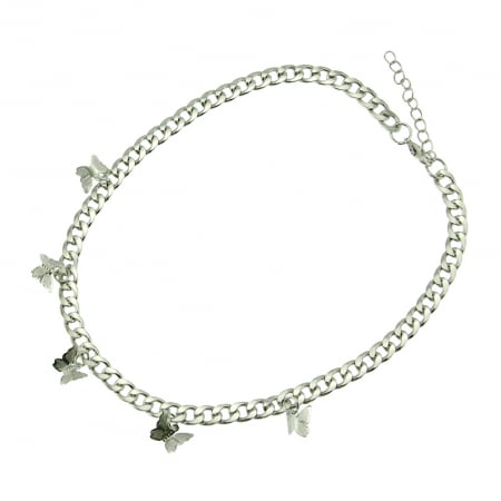 Bijuterii dama - Colier Cuban Chain de dama, model in forma de fluturi, placat cu argint, Tessero, 40 cm, argintiu