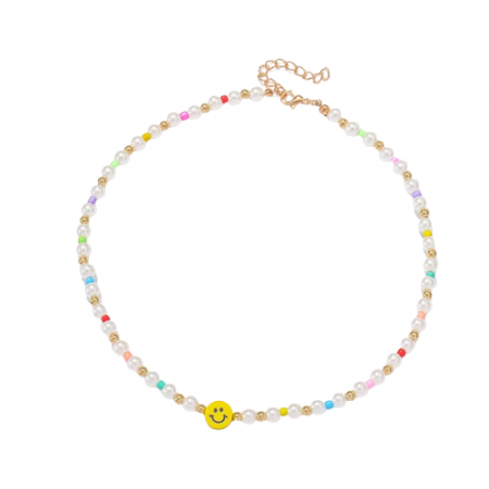 Colier de dama din margele, perle si bilute multicolore, pandantiv cu fata zambitoare, 45 cm, Tessero, alb [2]
