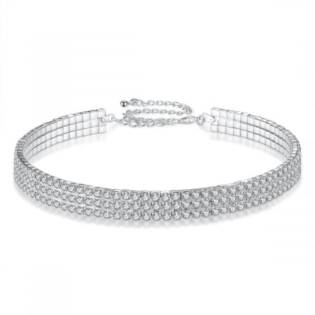 Bijuterii dama - Colier de dama tip Tennis cu trei randuri, strasuri din pietre zirconiu, placat cu aur 18K, Tessero, argintiu