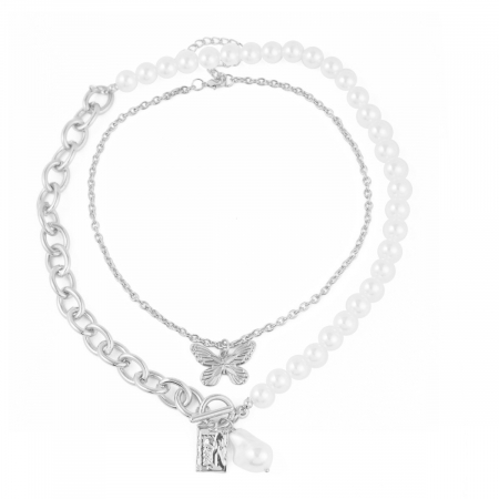 Bijuterii dama - Colier dublu mixt din perle, pandantiv fluture, placat cu aur 18K, argintiu