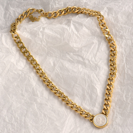 Colier Lant Cuban Chain cu pandantiv moneda, placat cu aur 18K, auriu [3]