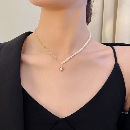 Colier mixt cu perle de dama, pandantiv inimioara, placat cu aur 18K, auriu [1]