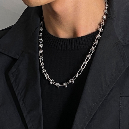 Bijuterii barbati - Colier Punk cu noduri metalice, model unisex, otel inoxidabil, Tessero, 50+5 cm extensie, argintiu