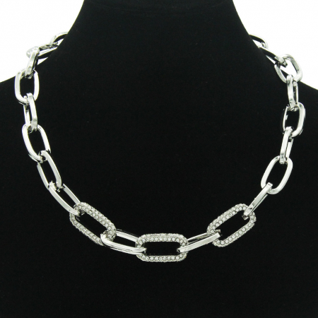 Colier Punk din lant oval, placat cu argint, pietre zirconiu, 41+5 cm, unisex, Tessero, argintiu [1]
