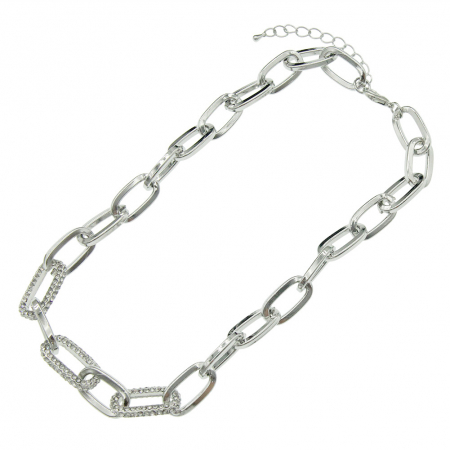 Colier Punk din lant oval, placat cu argint, pietre zirconiu, 41+5 cm, unisex, Tessero, argintiu [2]