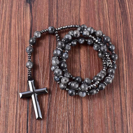 Colier Rozariu religios din piatra semipretioasa hematit si onix, cu pandantiv in forma de cruce din otel inoxdabil, Tessero, negru [1]