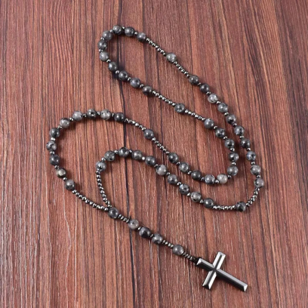 Colier Rozariu religios din piatra semipretioasa hematit si onix, cu pandantiv in forma de cruce din otel inoxdabil, Tessero, negru [2]