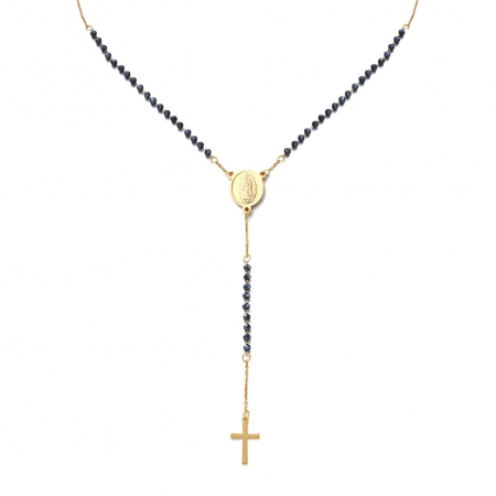 Colier Rozariu religios din piatra semipretioasa si otel inoxidabil, cu pandantiv in forma de cruce, 60 cm, placat cu aur 18K, Tessero, negru si auriu [1]