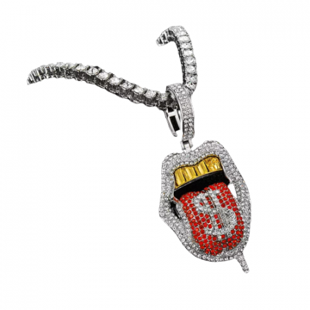 Bijuterii barbati - Colier Tennis cu pandantiv Hip Hop in forma de gura cu dolar, pietre zirconiu, placat cu aur 18K, Tessero, 45 cm, argintiu