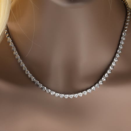 Bijuterii dama - Colier Tennis Luxury taietura in forma de inima, pietre zirconiu, 40 cm, 4 mm, placat cu aur alb 18K, unisex, inchidere cu catarama, Tessero, argintiu