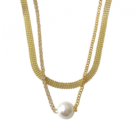 Bijuterii dama - Colier tip Choker dublu cu perla, pietre zirconiu, placat cu aur 18K, auriu