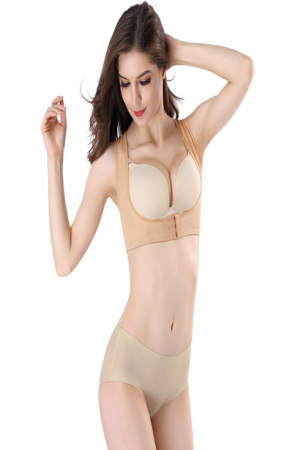 Lenjerie modelatoare - Corset modelator cu efect de corector postura si push up, indreptare spate, coloana, umeri si clavicula, elastan, Tessero, marime M INTL, bej nude