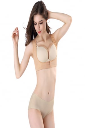 Lenjerie modelatoare - Corset modelator cu efect de corector postura si push up, indreptare spate, coloana, umeri si clavicula, elastan, Tessero, marime S INTL, bej nude