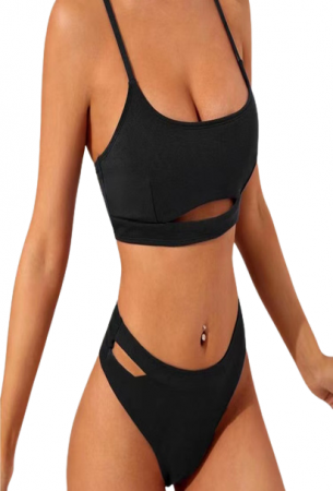 Costume de baie dama - Costum de baie dama cu sutien tip bustiera, model cu decupaj discret, slip cu talie inalta, 2 piese, Tessero, marime M INTL, negru