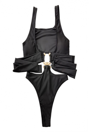 Costume de baie dama - Costum de baie dama elegant model tip body, model cu prindere in forma de U, slip cu talie inalta, decolteu in V, Tessero, marime L INTL, negru
